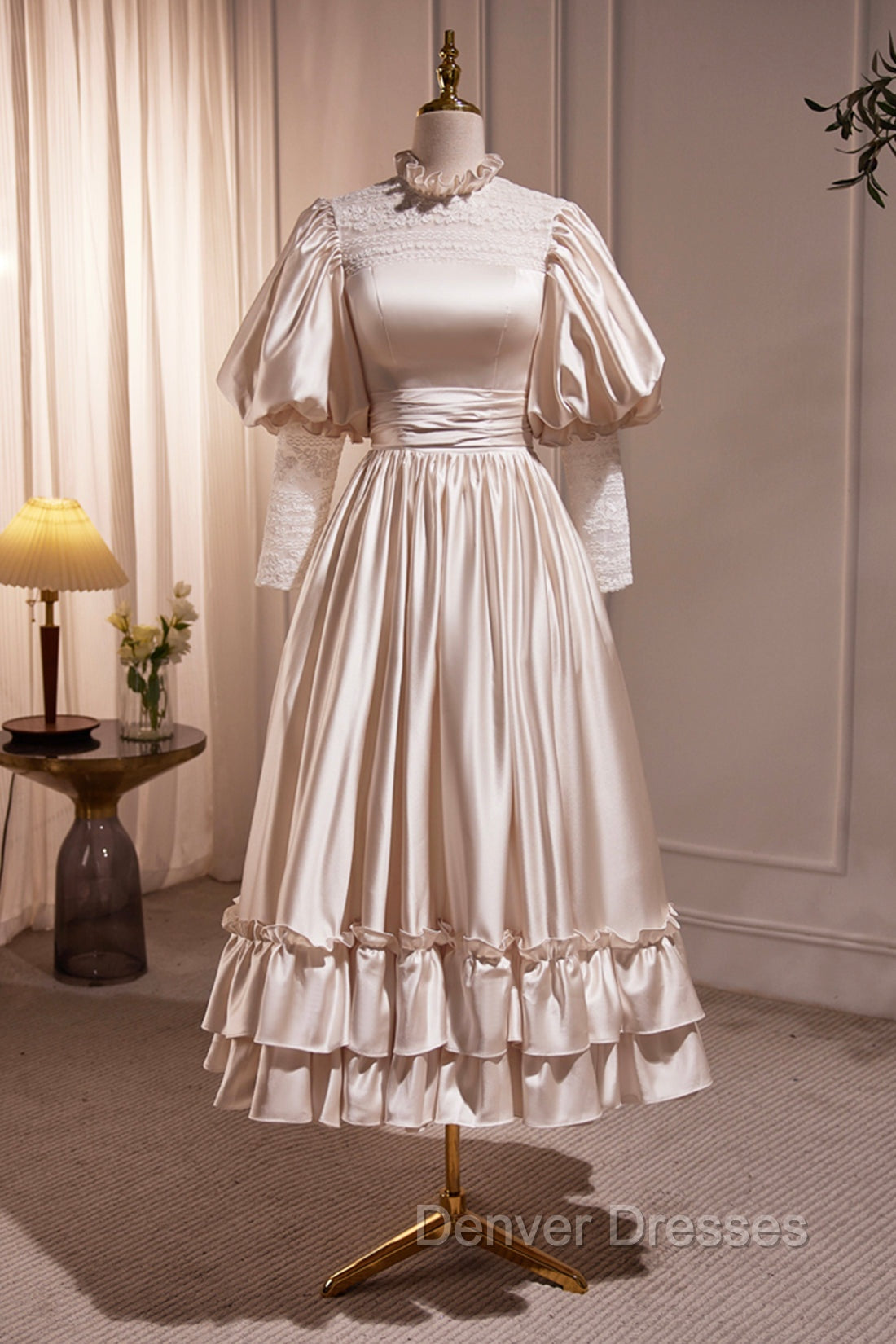 Elegant Champagne Satin A-Line Prom Dress, Champagne Ruffle High Neck Puffy Short Sleeve Backless Evening Dress Main image