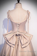 Elegant Champagne Square Neck Fine Shoulder Strap Pleated Satin Ball Dress Champagne A-Line Bow Lace Open Back Strap And Floor Length Evening Dress