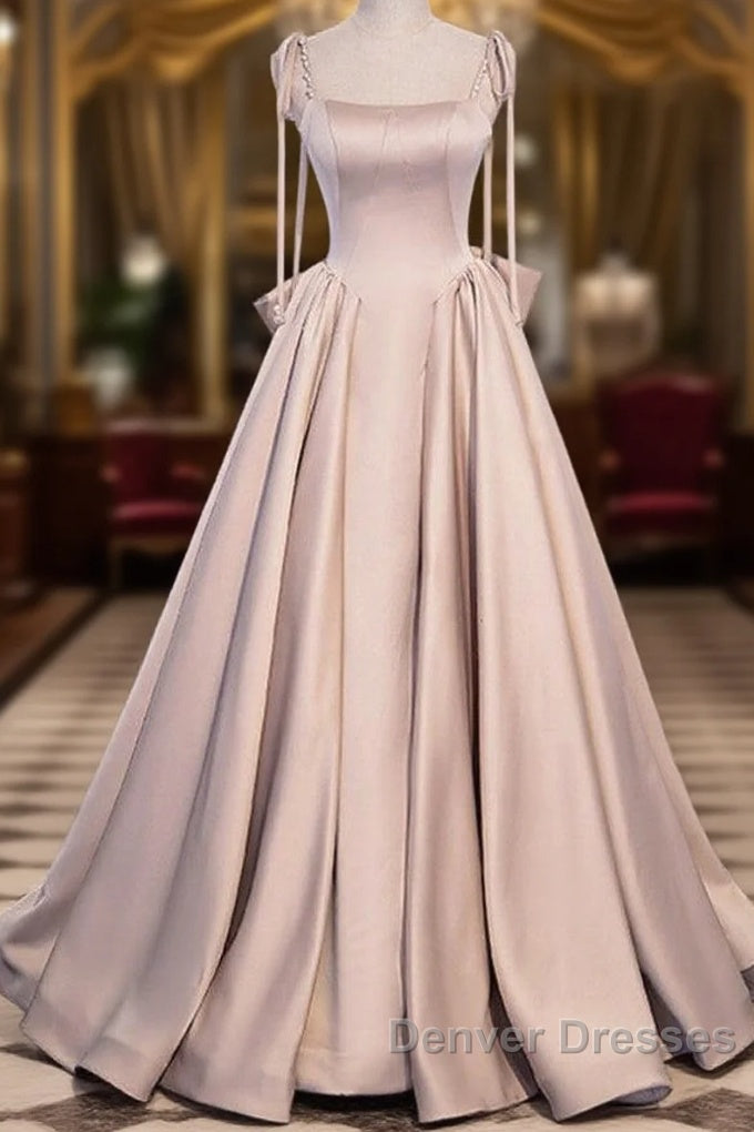 Elegant Champagne Square Neck Fine Shoulder Strap Pleated Satin Ball Dress Champagne A-Line Bow Lace Open Back Strap And Floor Length Evening Dress Main image