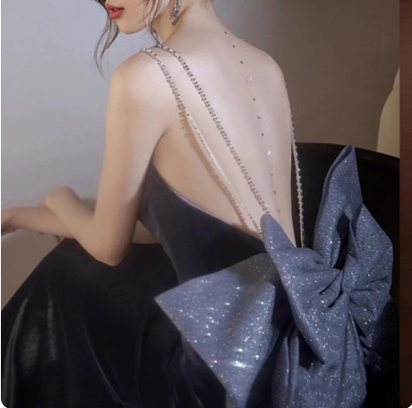 Elegant Charcoal Gray Spaghetti Strap Bow Backless Velvet Long Prom Dress Evening Dress Secondary image