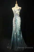 Elegant Chiffon Mermaid Gown  For Prom&Party Spaghetti Strap Sequined Applique Evening Gown