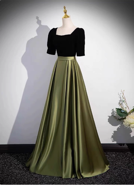 Elegant Color Block Black & Green Square Neck Short Sleeve Velvet Satin Long Prom Dress Evening Dress