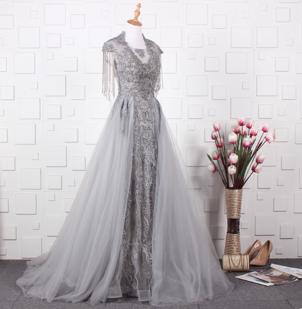 Elegant Court Grey Fringed Beaded Embroidered Tulle Train Prom Dress Evening Dress