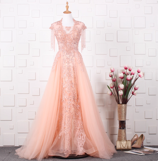 Elegant Court Grey Fringed Beaded Embroidered Tulle Train Prom Dress Evening Dress
