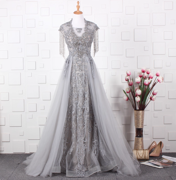 Elegant Court Grey Fringed Beaded Embroidered Tulle Train Prom Dress Evening Dress Main image