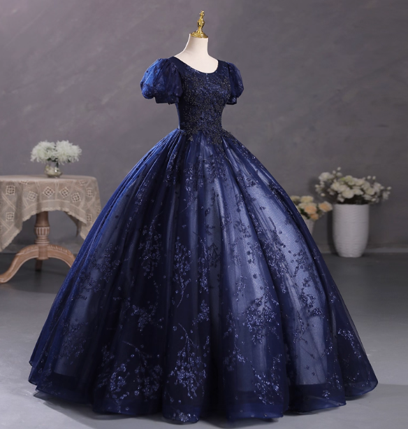 Elegant Court Navy Blue Crew Neck Puff Sleeve Embroidered Tulle Ball Gown Evening Dress Sweet 16 Dress Secondary image