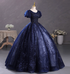 Elegant Court Navy Blue Crew Neck Puff Sleeve Embroidered Tulle Ball Gown Evening Dress Sweet 16 Dress