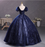 Elegant Court Navy Blue Crew Neck Puff Sleeve Embroidered Tulle Ball Gown Evening Dress Sweet 16 Dress