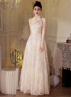 Elegant Cream Apricot A-Line Halter Neck Sequin Embroidered Pearl Fringe Tulle Long Prom Dress Evening Dress