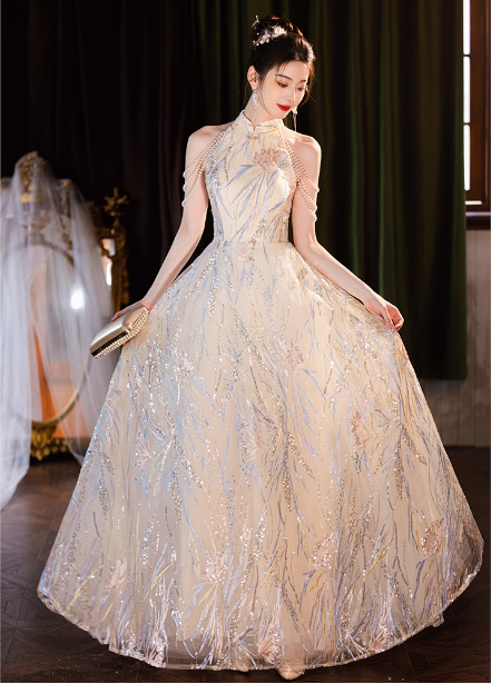 Elegant Cream Apricot A-Line Halter Neck Sequin Embroidered Pearl Fringe Tulle Long Prom Dress Evening Dress