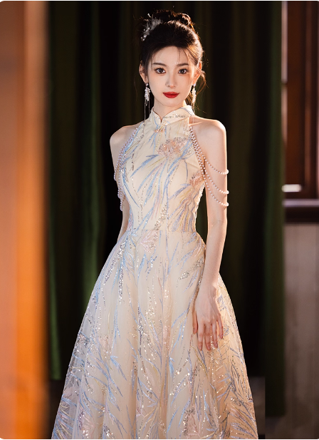 Elegant Cream Apricot A-Line Halter Neck Sequin Embroidered Pearl Fringe Tulle Long Prom Dress Evening Dress
