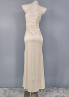 Elegant Cream Apricot Spaghetti Strap V-Neck Ruffled Satin Long Prom Dress Evening Dress Bridesmaid Dress