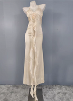 Elegant Cream Apricot Spaghetti Strap V-Neck Ruffled Satin Long Prom Dress Evening Dress Bridesmaid Dress