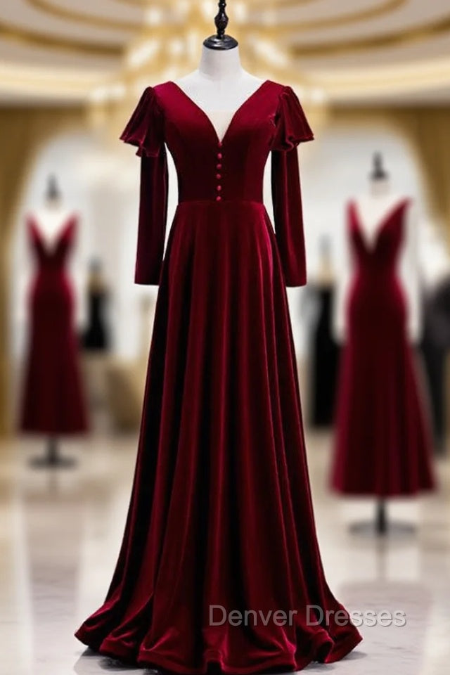 Elegant Dark Burgundy Velvet Long Sleeve Prom Dress