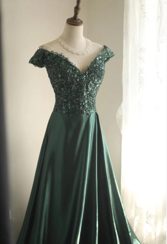 Elegant Dark Green A-Line Off-Shoulder Sequined Satin Long Prom Dress Evening Dress