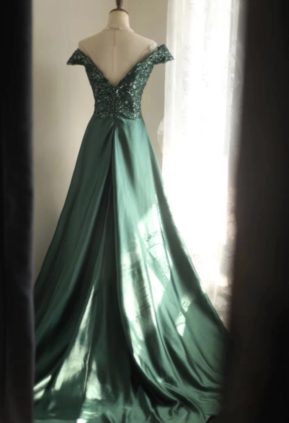 Elegant Dark Green A-Line Off-Shoulder Sequined Satin Long Prom Dress Evening Dress