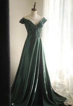 Elegant Dark Green A-Line Off-Shoulder Sequined Satin Long Prom Dress Evening Dress