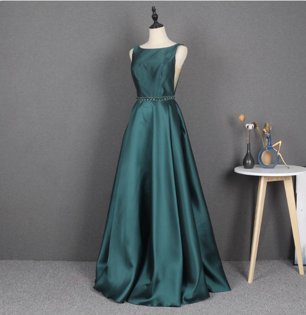 Elegant Dark Green A-Line Sleeveless Rhinestone Satin Long Prom Dress Evening Dress Main image