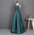 Elegant Dark Green A-Line Sleeveless Rhinestone Satin Long Prom Dress Evening Dress