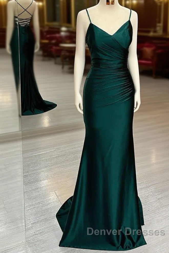 Elegant Dark Green Mermaid Spaghetti Strap Satin Long Prom Dress Main image