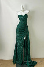 Elegant Dark Green Sweetheart Neck Mermaid Long Prom Dress Sequin Strapless Formal Evening Dress