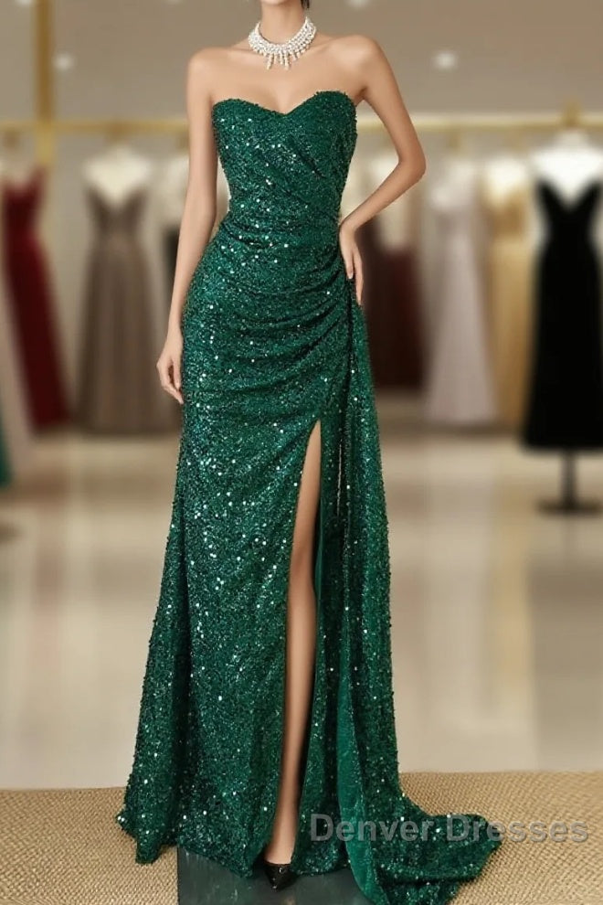 Elegant Dark Green Sweetheart Neck Mermaid Long Prom Dress Sequin Strapless Formal Evening Dress Main image