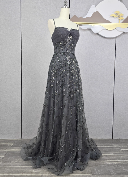Elegant Dark Grey A-Line Spaghetti Strap Sequin Tulle Long Prom Dress Evening Dress