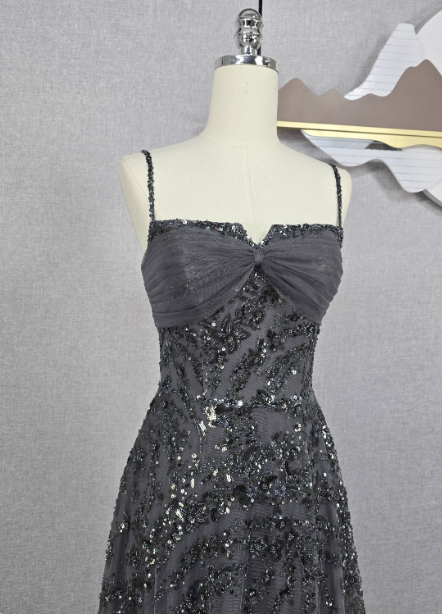 Elegant Dark Grey A-Line Spaghetti Strap Sequin Tulle Long Prom Dress Evening Dress