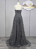 Elegant Dark Grey A-Line Spaghetti Strap Sequin Tulle Long Prom Dress Evening Dress
