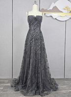 Elegant Dark Grey A-Line Spaghetti Strap Sequin Tulle Long Prom Dress Evening Dress