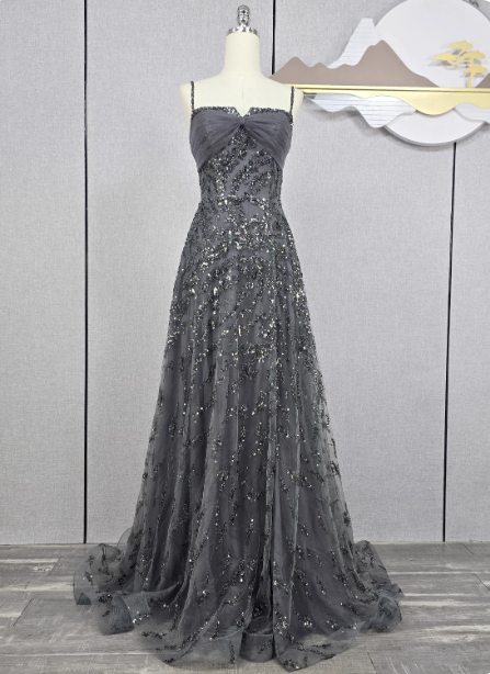 Elegant Dark Grey A-Line Spaghetti Strap Sequin Tulle Long Prom Dress Evening Dress