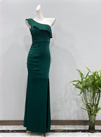 Elegant Deep Emerald Green Mermaid One-Shoulder Ruffled Slit Satin Long Prom Dress Evening Dress