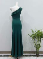 Elegant Deep Emerald Green Mermaid One-Shoulder Ruffled Slit Satin Long Prom Dress Evening Dress
