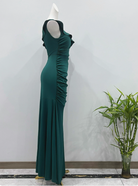 Elegant Deep Emerald Green Mermaid One-Shoulder Ruffled Slit Satin Long Prom Dress Evening Dress