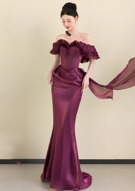 Elegant Deep Fuchsia Mermaid Off-The-Shoulder Ruffled Satin Long Prom Dress Evening Dress