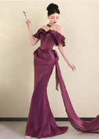 Elegant Deep Fuchsia Mermaid Off-The-Shoulder Ruffled Satin Long Prom Dress Evening Dress