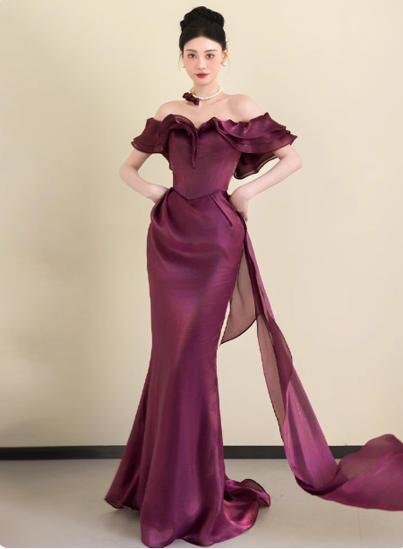 Elegant Deep Fuchsia Mermaid Off-The-Shoulder Ruffled Satin Long Prom Dress Evening Dress