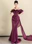 Elegant Deep Fuchsia Mermaid Off-The-Shoulder Ruffled Satin Long Prom Dress Evening Dress