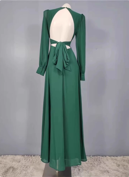 Elegant Deep Green A-Line V-Neck Long-Sleeved Backless Chiffon Long Prom Dress Evening Dress