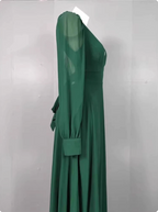 Elegant Deep Green A-Line V-Neck Long-Sleeved Backless Chiffon Long Prom Dress Evening Dress