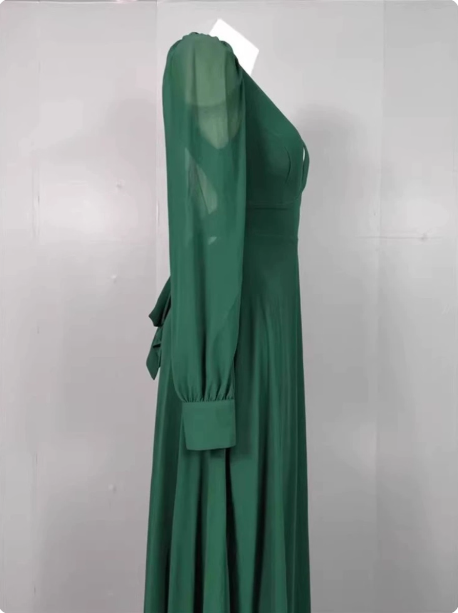 Elegant Deep Green A-Line V-Neck Long-Sleeved Backless Chiffon Long Prom Dress Evening Dress