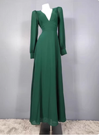 Elegant Deep Green A-Line V-Neck Long-Sleeved Backless Chiffon Long Prom Dress Evening Dress
