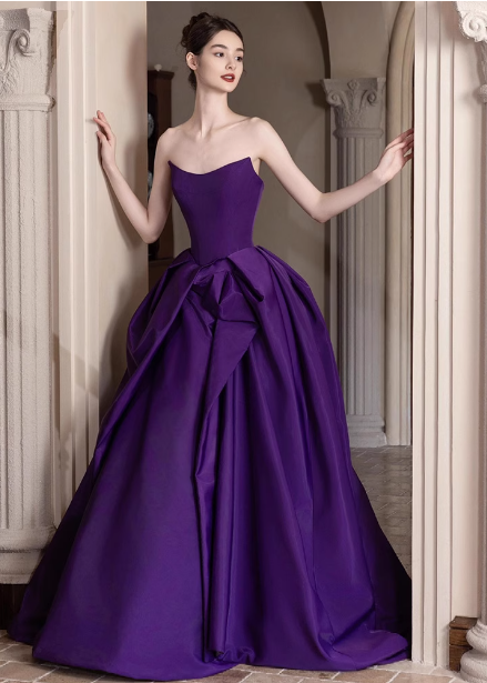 Elegant Deep Purple A-Line Strapless Satin Long Prom Dress Evening Dress Secondary image