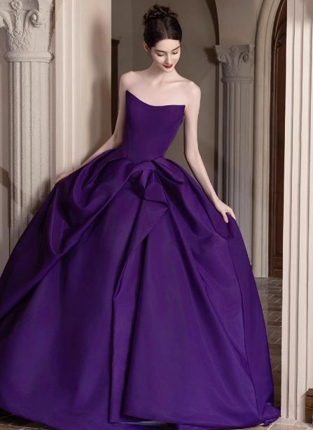 Elegant Deep Purple A-Line Strapless Satin Long Prom Dress Evening Dress