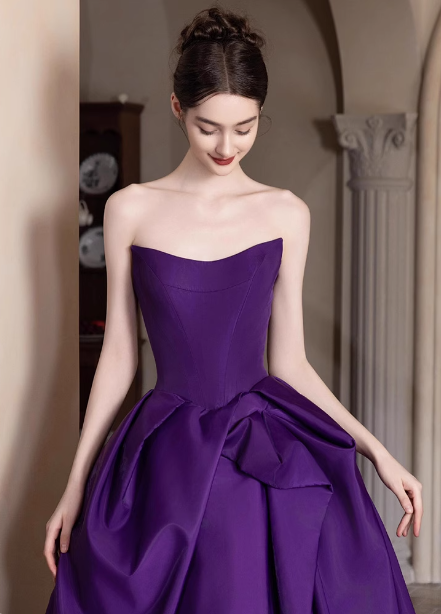 Elegant Deep Purple A-Line Strapless Satin Long Prom Dress Evening Dress
