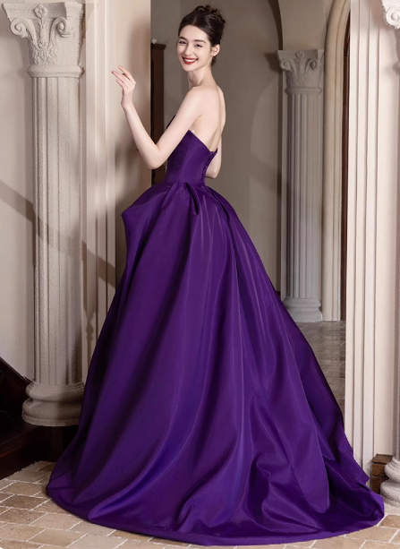 Elegant Deep Purple A-Line Strapless Satin Long Prom Dress Evening Dress