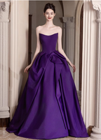 Elegant Deep Purple A-Line Strapless Satin Long Prom Dress Evening Dress