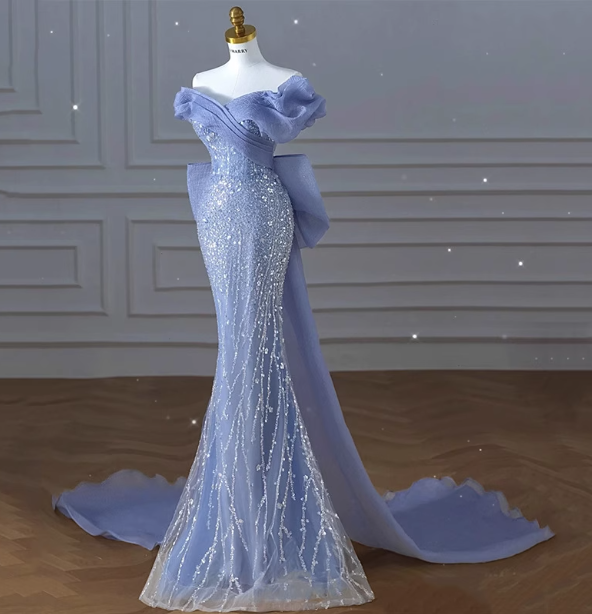 Elegant Dreamy Blue Mermaid Off-The-Shoulder Bow Sequined Tulle Train Prom Dress Evening Dress Secondary image