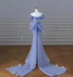 Elegant Dreamy Blue Mermaid Off-The-Shoulder Bow Sequined Tulle Train Prom Dress Evening Dress