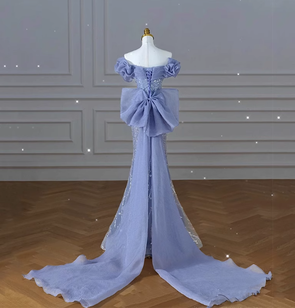 Elegant Dreamy Blue Mermaid Off-The-Shoulder Bow Sequined Tulle Train Prom Dress Evening Dress